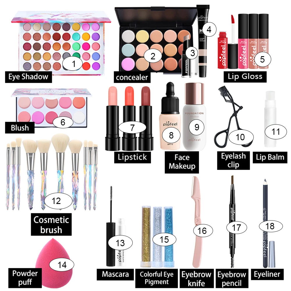 POPFEEL - Ensemble Complet de Maquillage pour Femme : Palette de Fards, Eyeliner et Accessoires